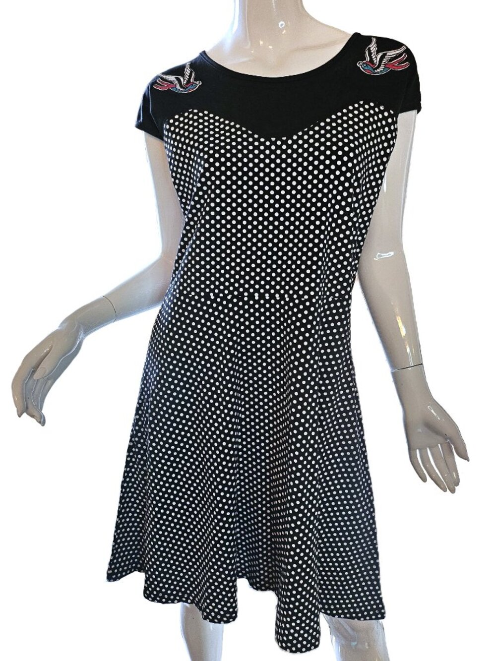 NWT BANJO & CAKE Black & White Polka Dot & Swallow Stretchy Mini Dress Size XL